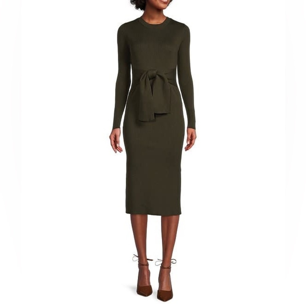 Gibson Latimer Dark Olive Rib Knit Tie-Waist Sweater Dress